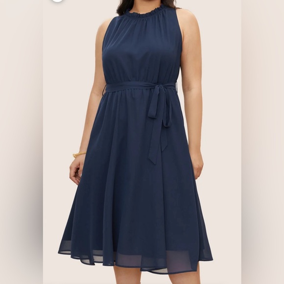 BloomChic Plain Sleeveless Frill Trim Pocket Belted Mock Neck Dress - Picture 1 of 4